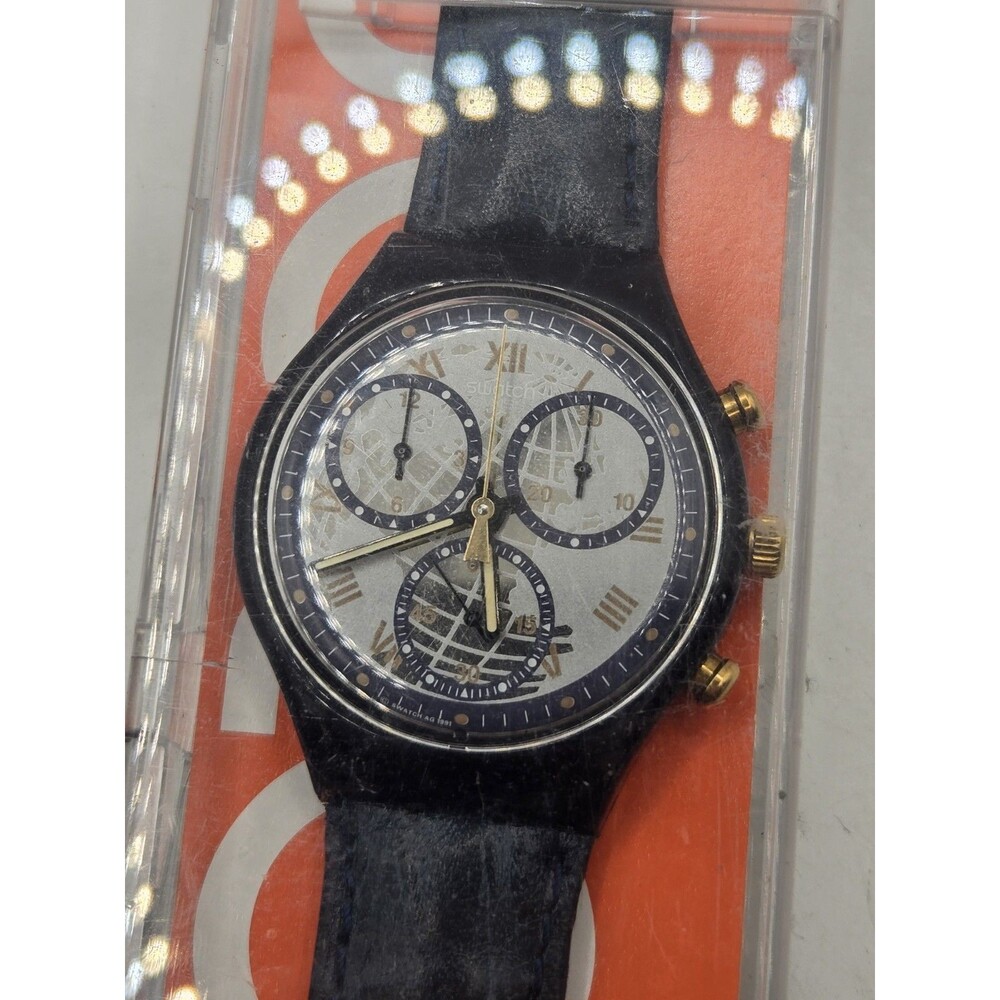 Swatch Timeless Zone 1991 Vintage Chronograph Quartz Leather Strap Watch. Box.